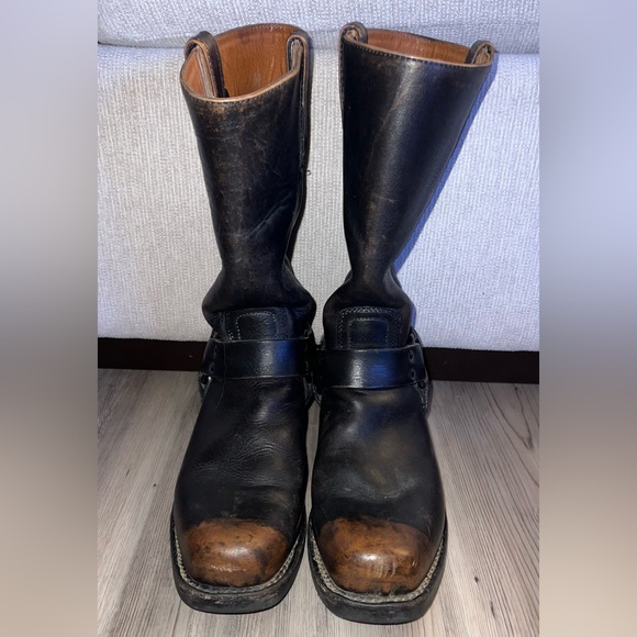 Vintage Frye Harness Boots Men’s Size 10.5  M Square Toe Distressed Black Brown main image 5